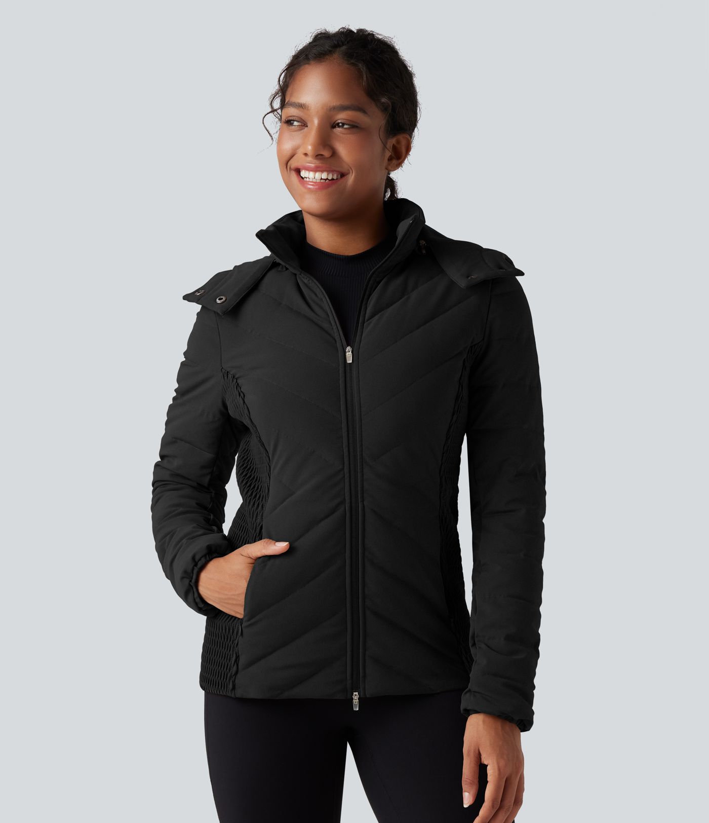 PuffFlex Removable Hood Shirred Casual Padded Jacket with Pockets