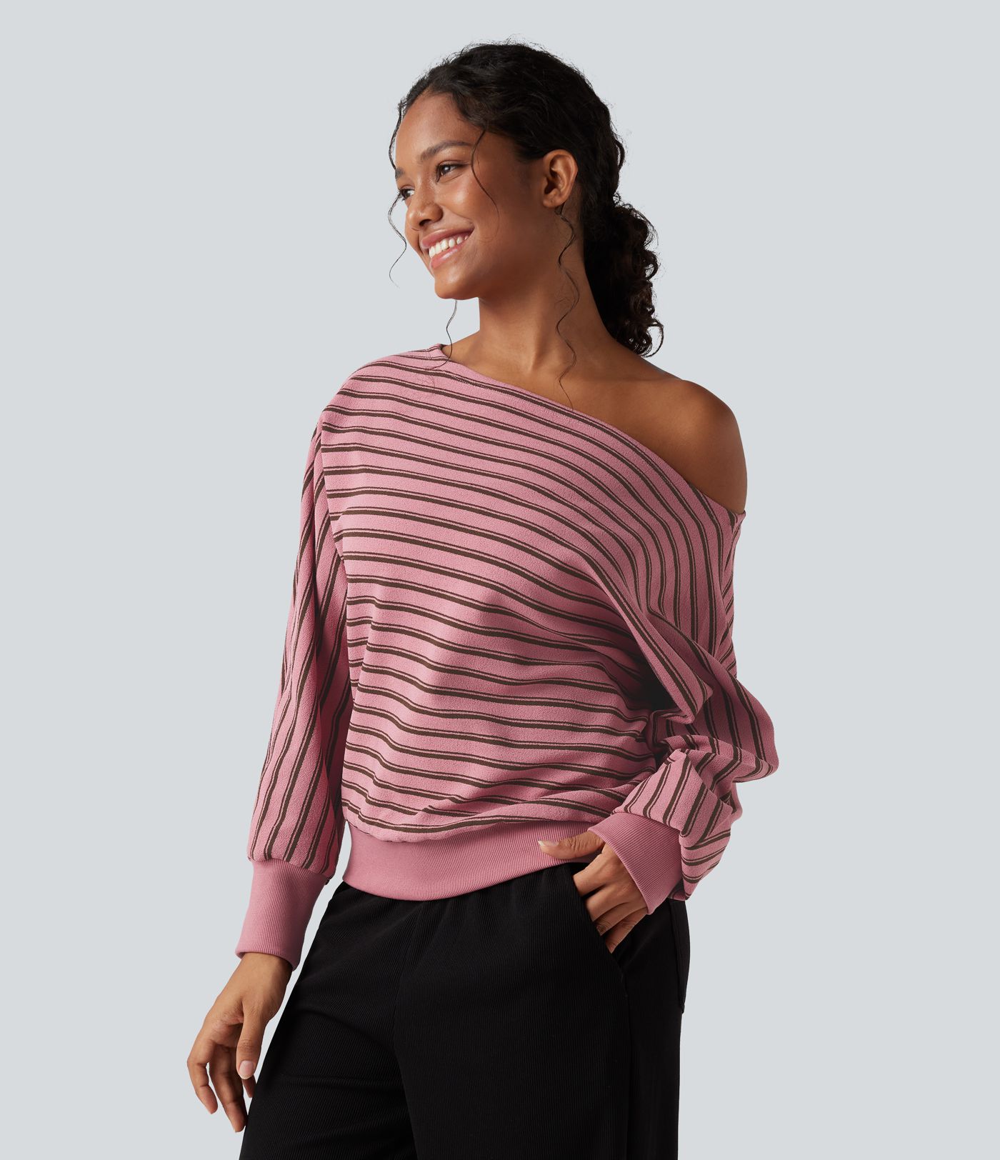 Off-shoulder Long Sleeve Stripes Relaxed Casual Sweatshirt