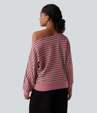 Off-shoulder Long Sleeve Stripes Relaxed Casual Sweatshirt