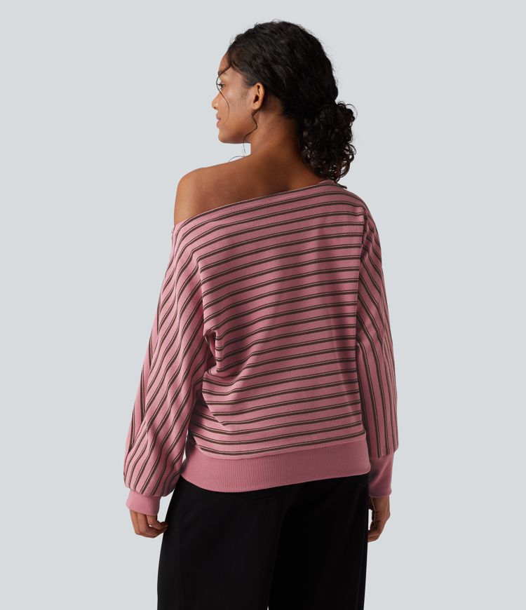 Off-shoulder Long Sleeve Stripes Relaxed Casual Sweatshirt