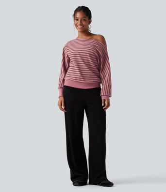 Off-shoulder Long Sleeve Stripes Relaxed Casual Sweatshirt