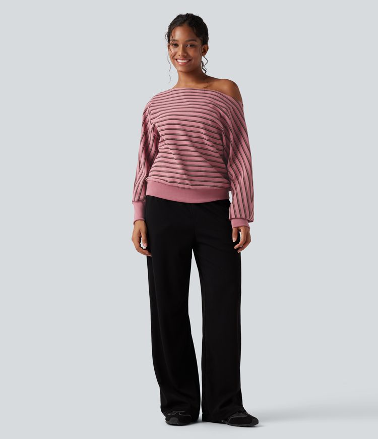 Off-shoulder Long Sleeve Stripes Relaxed Casual Sweatshirt