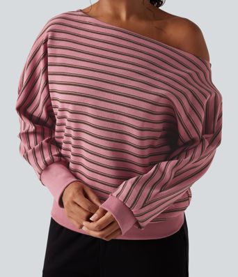 Off-shoulder Long Sleeve Stripes Relaxed Casual Sweatshirt