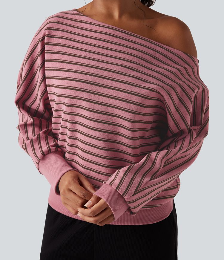 Off-shoulder Long Sleeve Stripes Relaxed Casual Sweatshirt