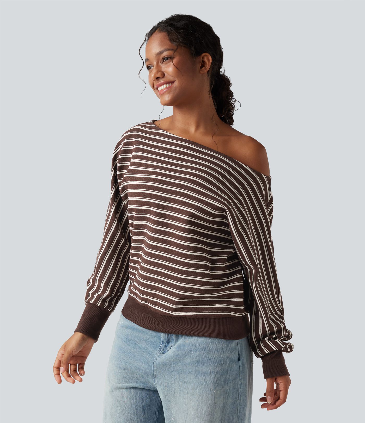 Off-shoulder Long Sleeve Stripes Relaxed Casual Sweatshirt Off-shoulder Long Sleeve Stripes Relaxed Casual Sweatshirt