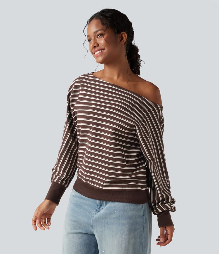 Off-shoulder Long Sleeve Stripes Relaxed Casual Sweatshirt Off-shoulder Long Sleeve Stripes Relaxed Casual Sweatshirt