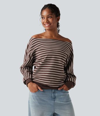 Off-shoulder Long Sleeve Stripes Relaxed Casual Sweatshirt Off-shoulder Long Sleeve Stripes Relaxed Casual Sweatshirt