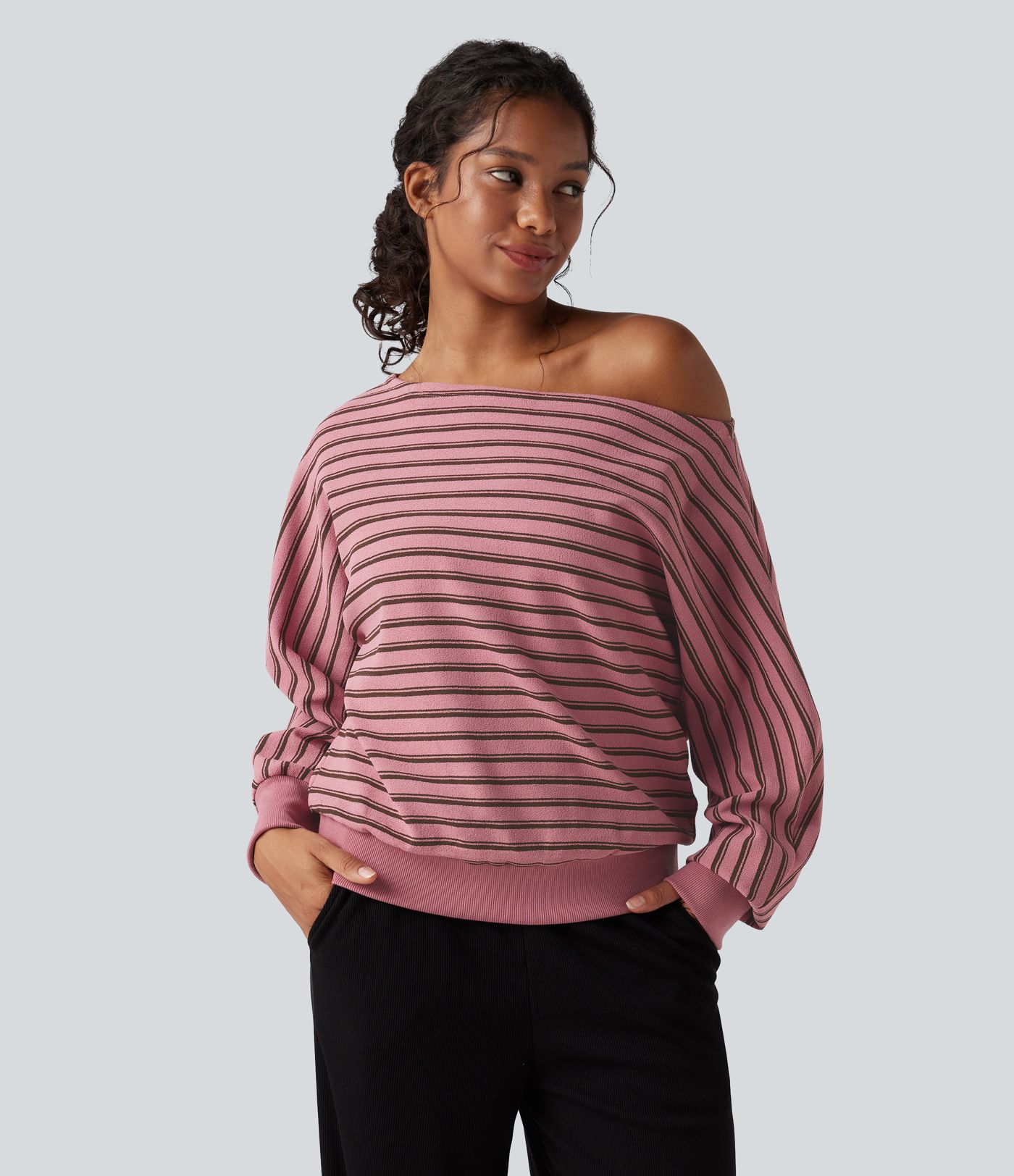 Off-shoulder Long Sleeve Stripes Relaxed Casual Sweatshirt