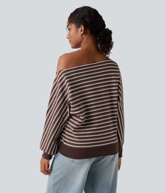 Off-shoulder Long Sleeve Stripes Relaxed Casual Sweatshirt Off-shoulder Long Sleeve Stripes Relaxed Casual Sweatshirt