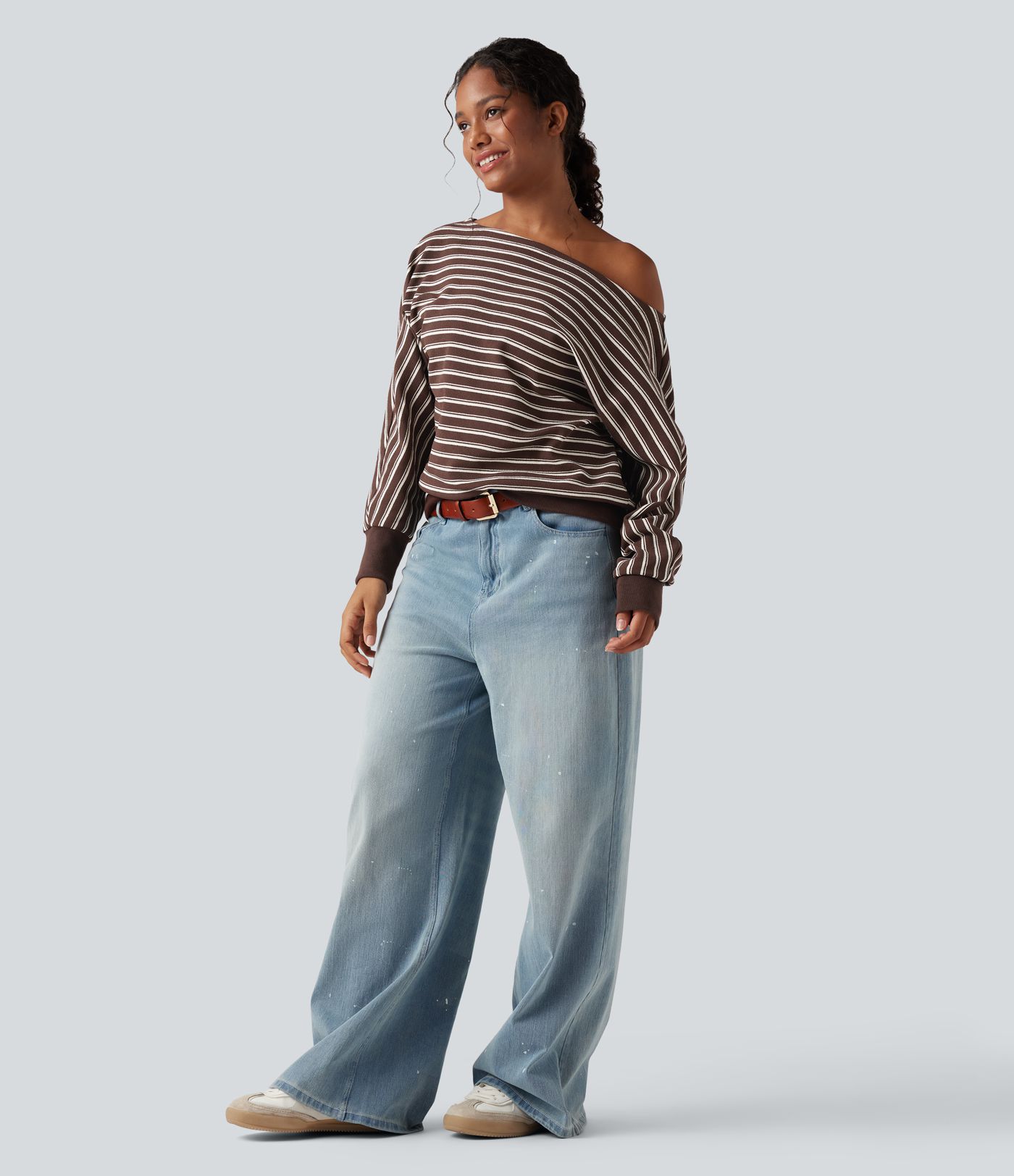 Off-shoulder Long Sleeve Stripes Relaxed Casual Sweatshirt Off-shoulder Long Sleeve Stripes Relaxed Casual Sweatshirt