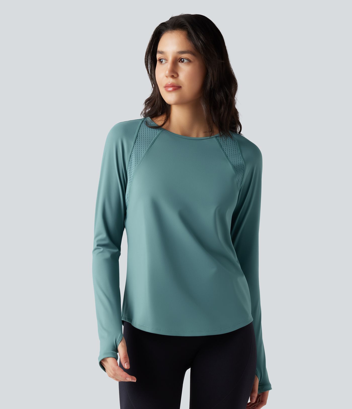 Breezeful™ Long Sleeve Thumb Holes Curved Hem Perforated Quick Dry Yoga Sports Top