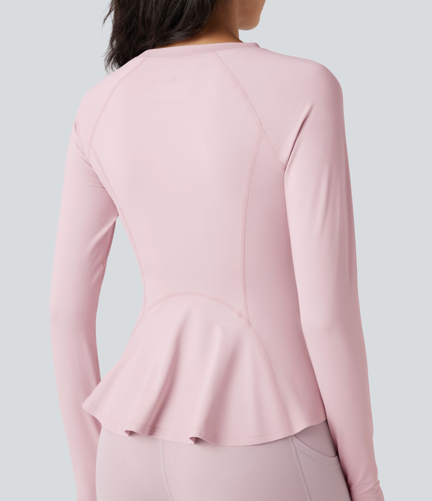 Round Neck Long Sleeve Thumb Holes Ruffle Hem Yoga Sports Top