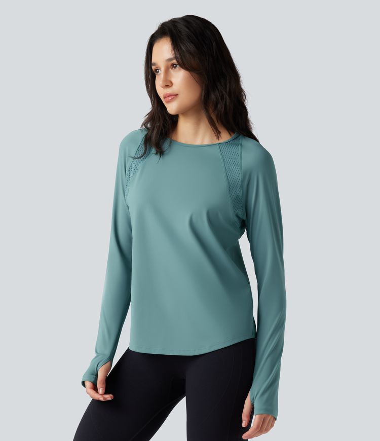 Breezeful™ Long Sleeve Thumb Holes Curved Hem Perforated Quick Dry Yoga Sports Top