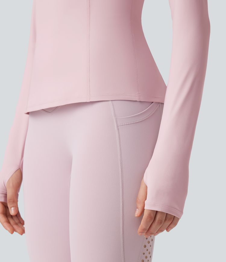 Round Neck Long Sleeve Thumb Holes Ruffle Hem Yoga Sports Top