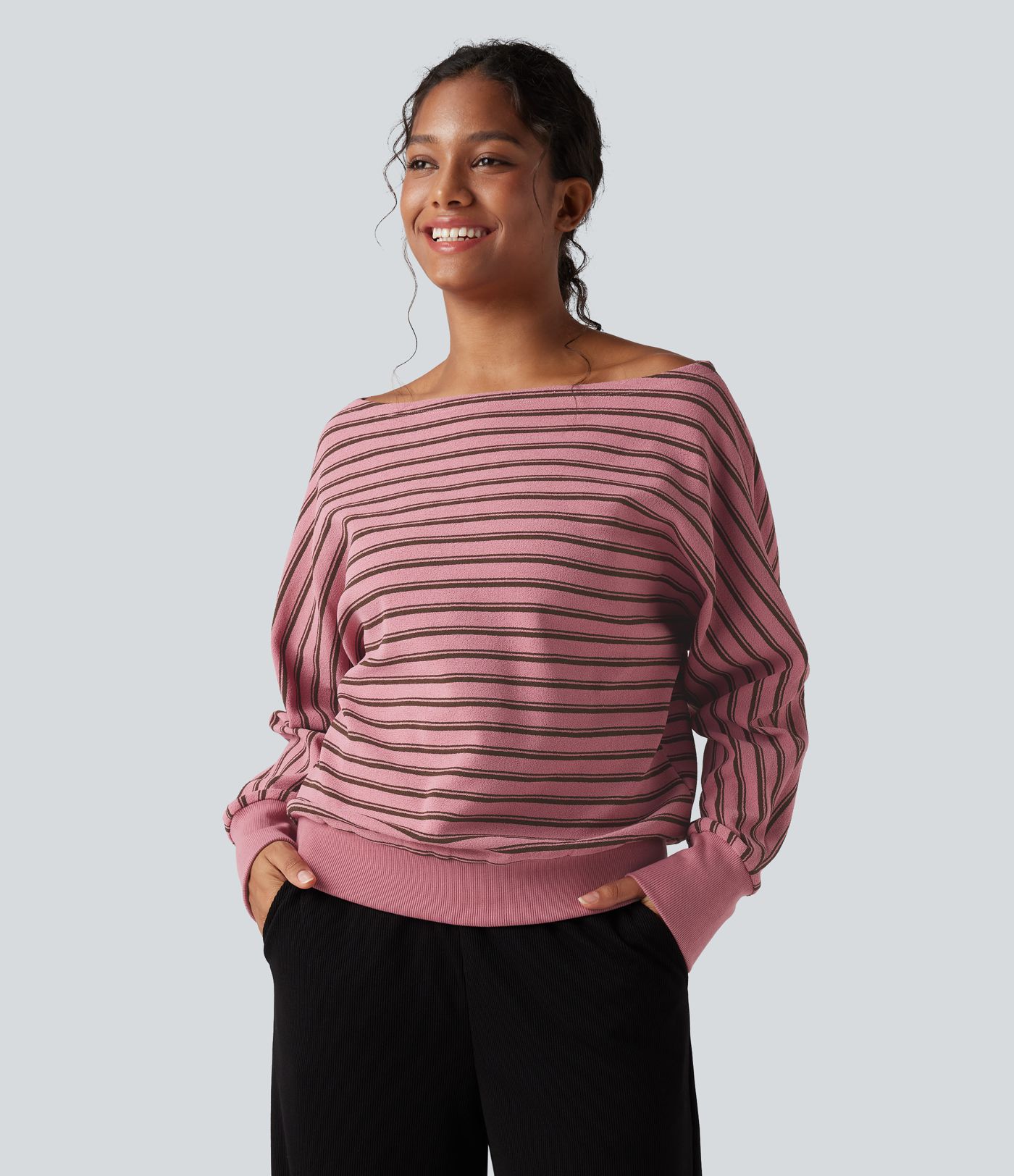 Off-shoulder Long Sleeve Stripes Relaxed Casual Sweatshirt