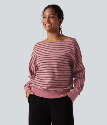 Off-shoulder Long Sleeve Stripes Relaxed Casual Sweatshirt