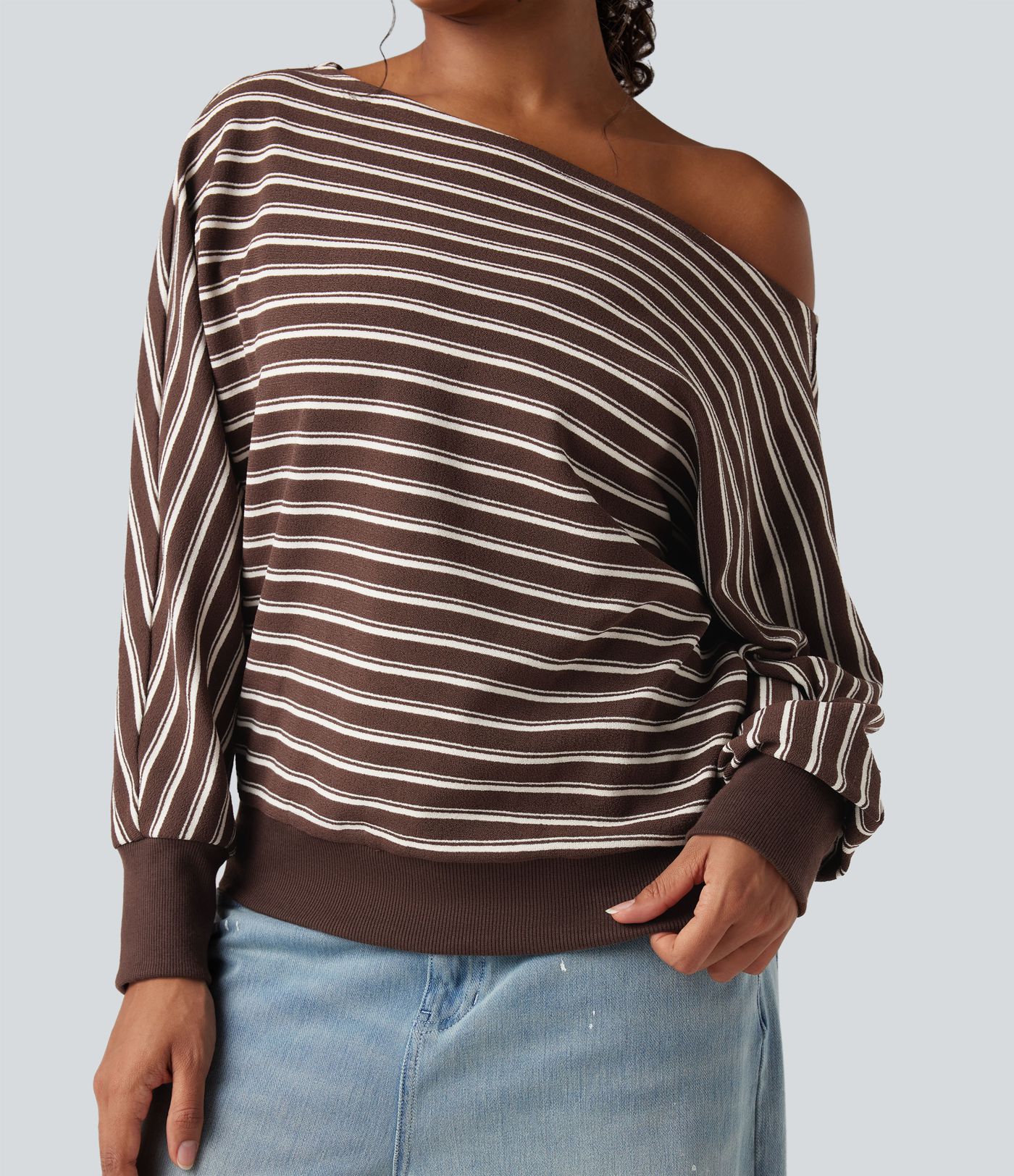 Off-shoulder Long Sleeve Stripes Relaxed Casual Sweatshirt Off-shoulder Long Sleeve Stripes Relaxed Casual Sweatshirt