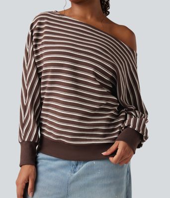 Off-shoulder Long Sleeve Stripes Relaxed Casual Sweatshirt Off-shoulder Long Sleeve Stripes Relaxed Casual Sweatshirt