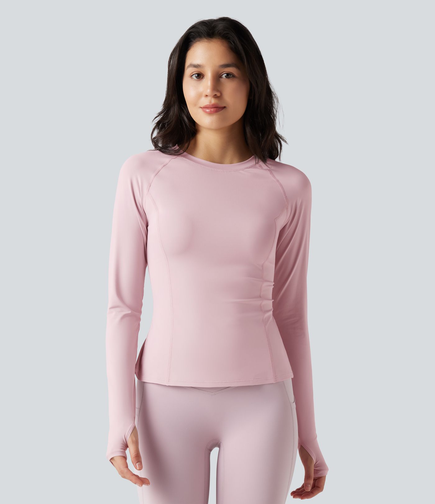 Round Neck Long Sleeve Thumb Holes Ruffle Hem Yoga Sports Top