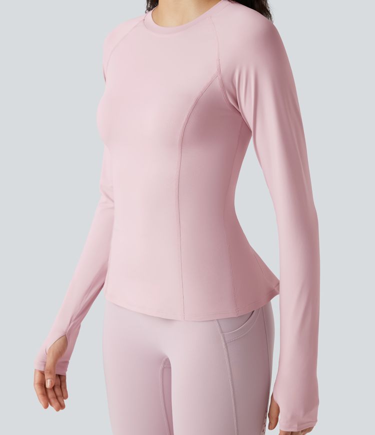 Round Neck Long Sleeve Thumb Holes Ruffle Hem Yoga Sports Top