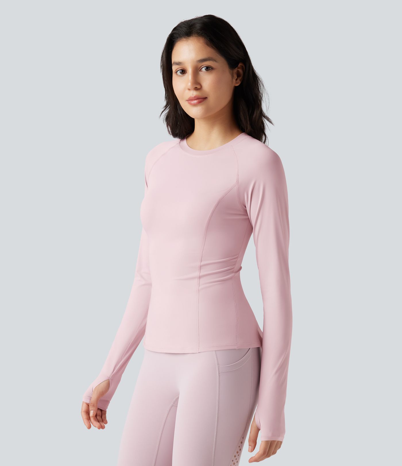 Round Neck Long Sleeve Thumb Holes Ruffle Hem Yoga Sports Top