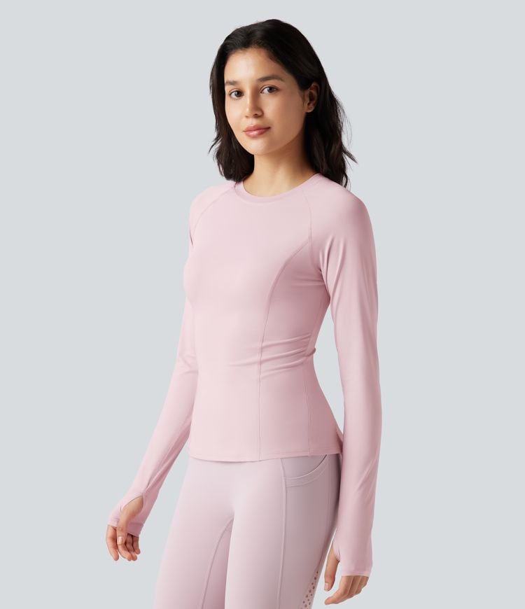 Round Neck Long Sleeve Thumb Holes Ruffle Hem Yoga Sports Top