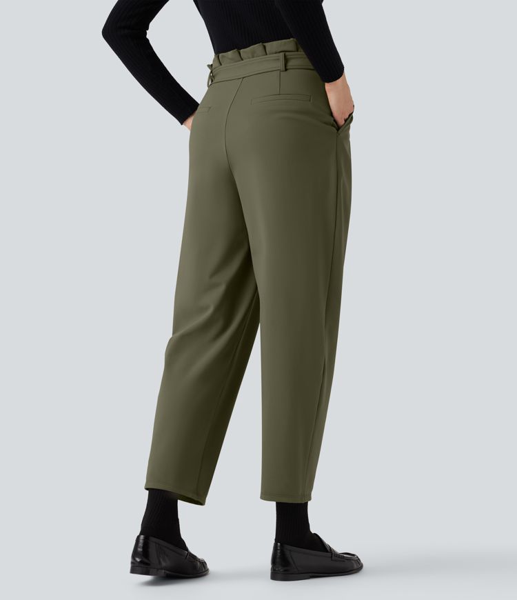SoftlyZero™ Plush Thermal Super High Waisted Belted Tapered Work Pants with Pockets