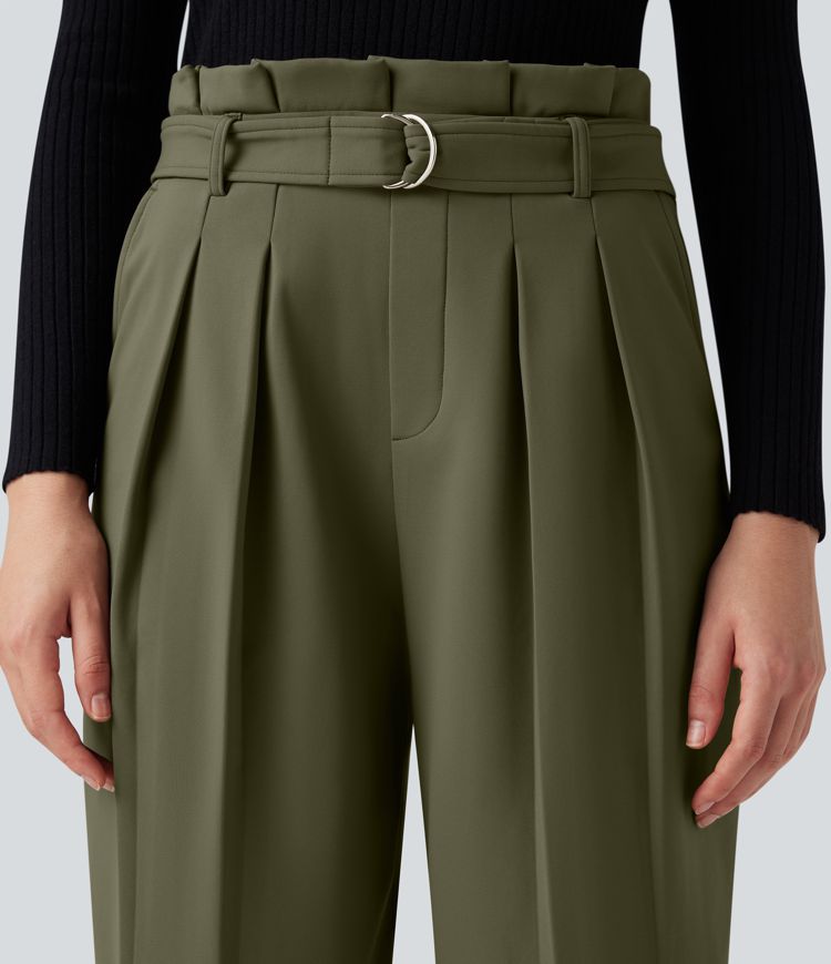 SoftlyZero™ Plush Thermal Super High Waisted Belted Tapered Work Pants with Pockets