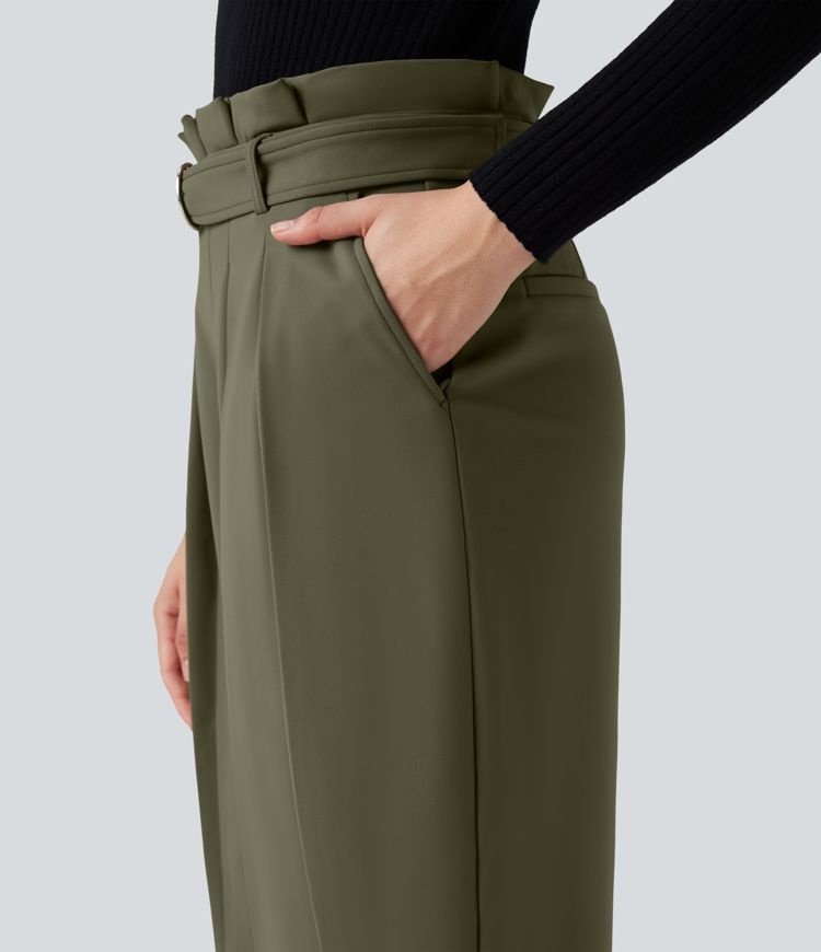 SoftlyZero™ Plush Thermal Super High Waisted Belted Tapered Work Pants with Pockets