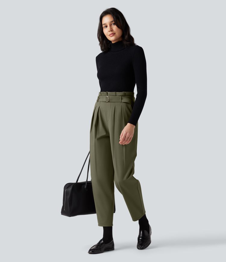 SoftlyZero™ Plush Thermal Super High Waisted Belted Tapered Work Pants with Pockets