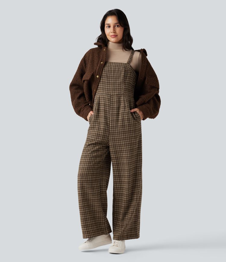 Plaid Casual Jumpsuit with Pockets
