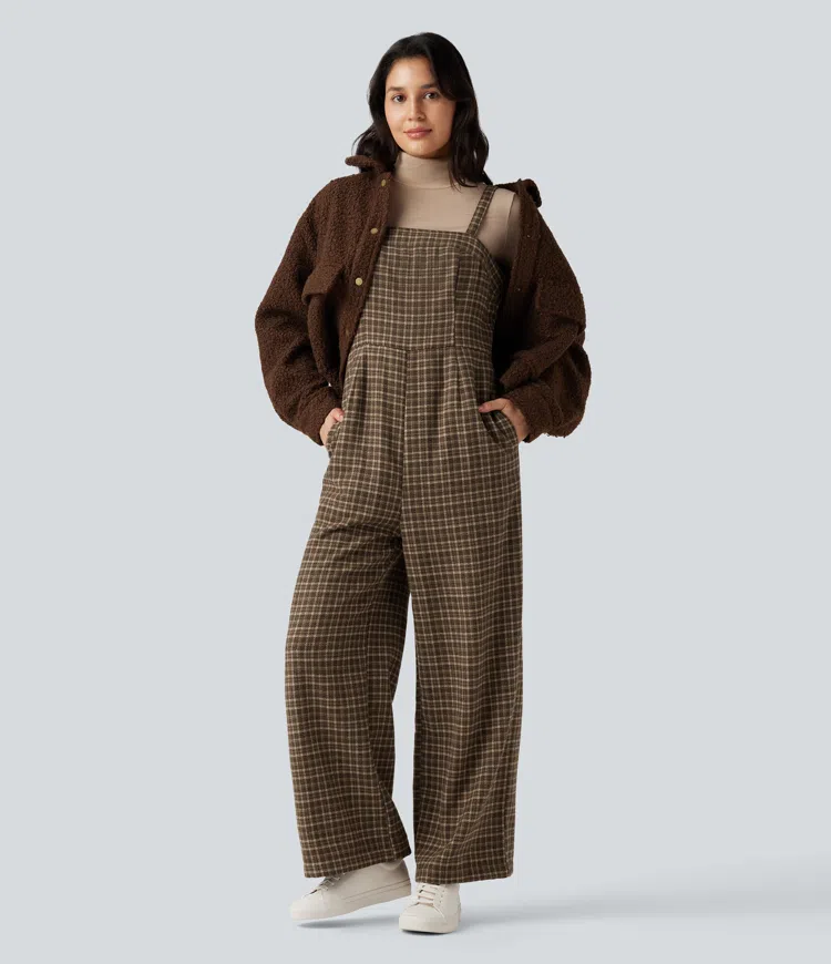 Plaid Casual Jumpsuit with Pockets