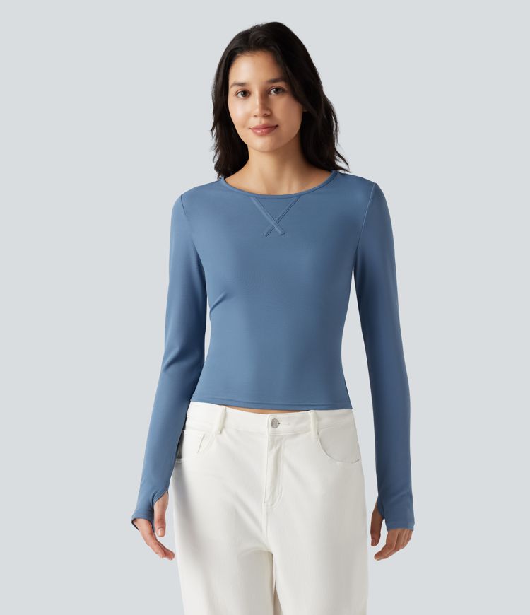 Round Neck Long Sleeve Thumb Hole Waffle Casual T-Shirt