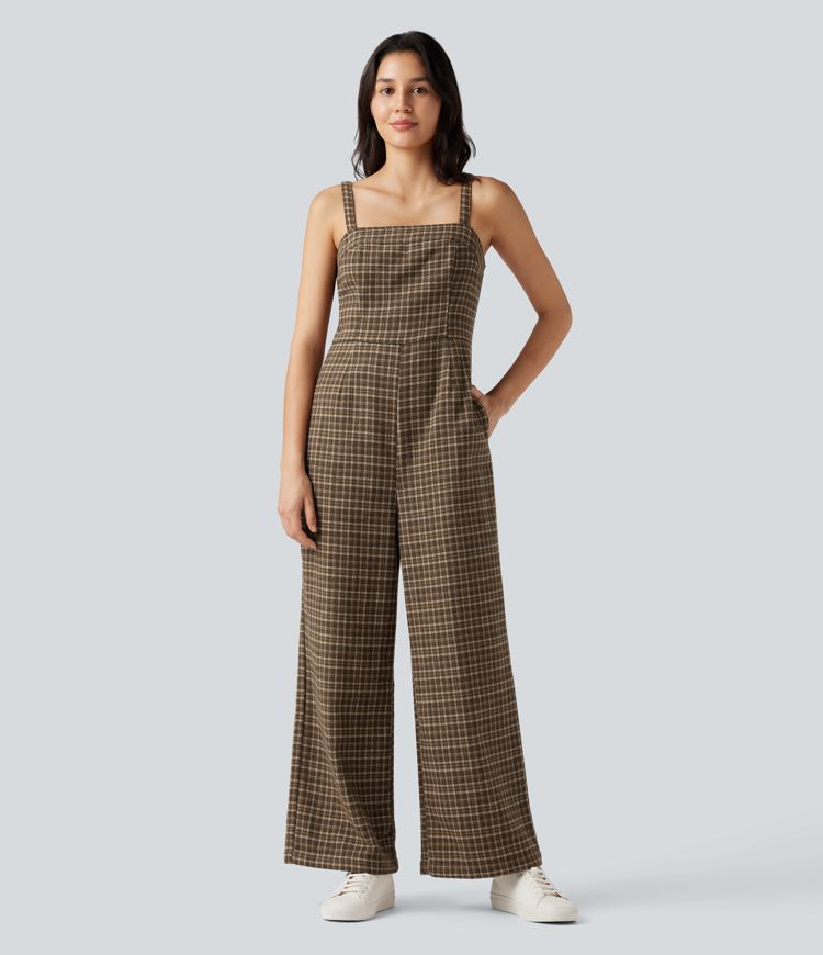 Plaid Casual Jumpsuit with Pockets