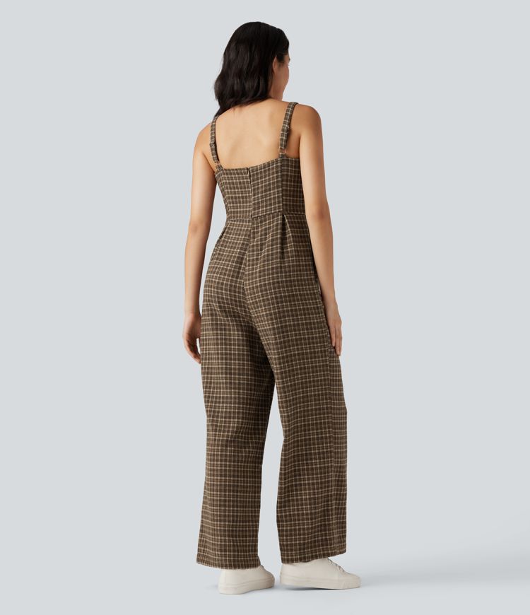 Plaid Casual Jumpsuit with Pockets
