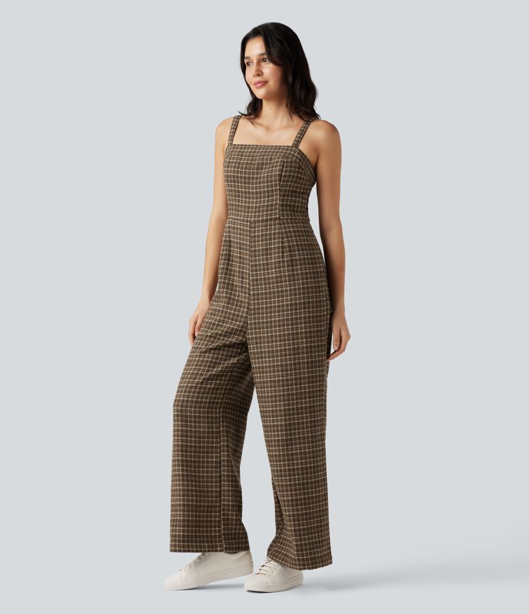 Plaid Casual Jumpsuit with Pockets