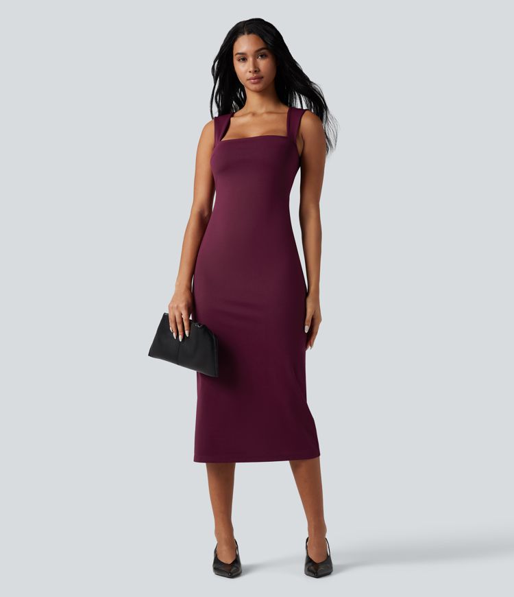 Square Neck Sleeveless Bodycon Midi Casual Dress