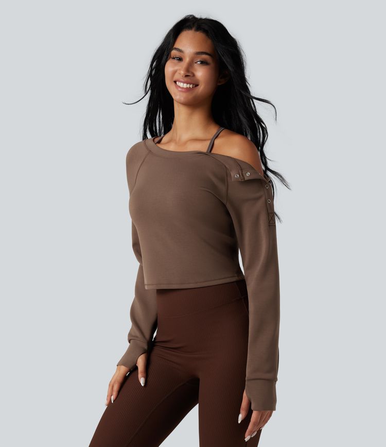 SpacerTek™ Boat Neck Long Sleeve Thumb Holes Casual Sweatshirt