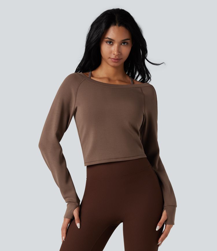 SpacerTek™ Boat Neck Long Sleeve Thumb Holes Casual Sweatshirt