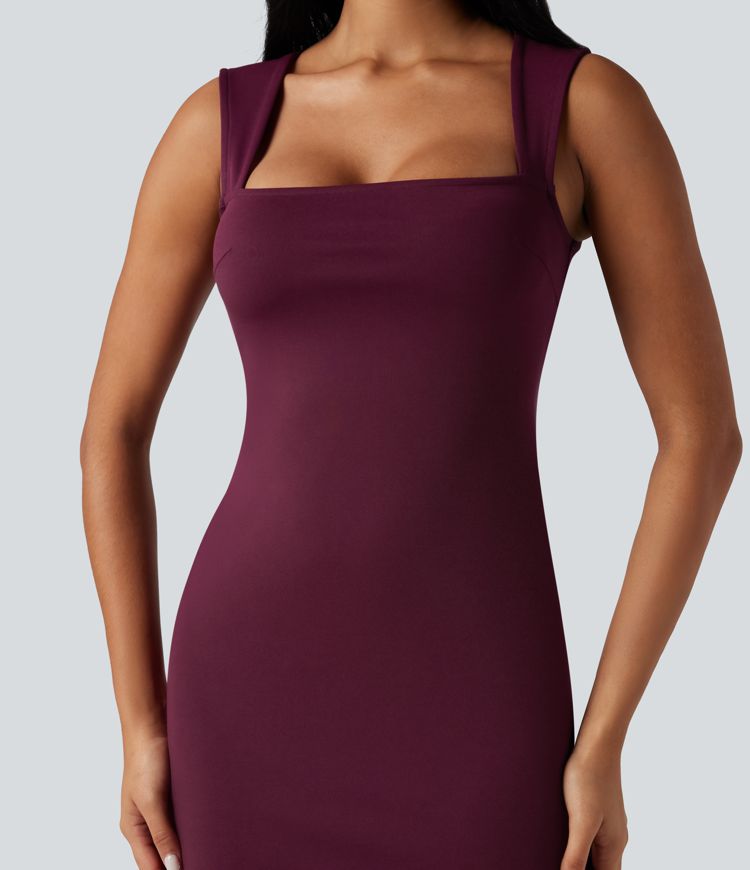 Square Neck Sleeveless Bodycon Midi Casual Dress