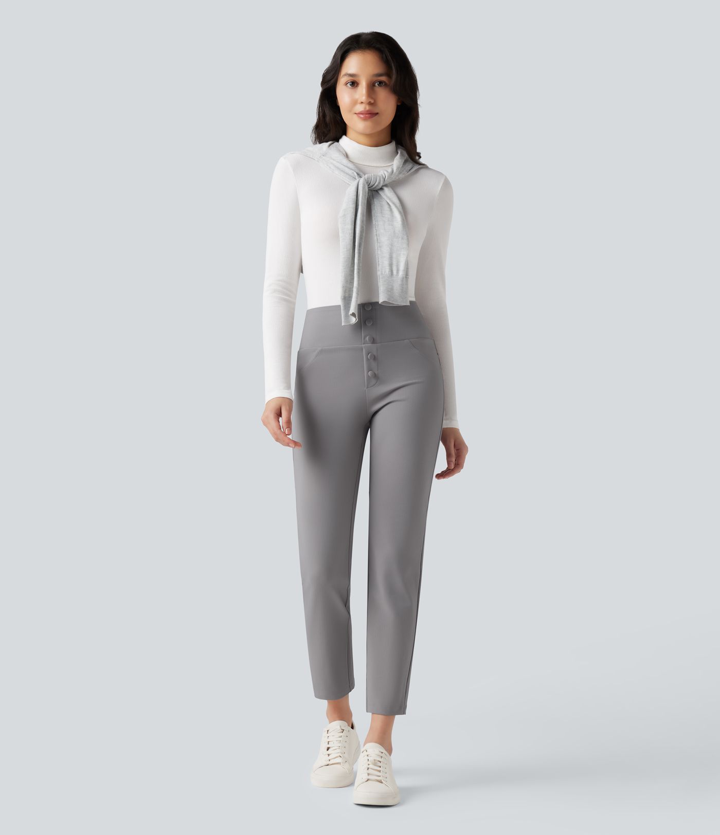 Halara Flex™ High Waisted Tummy Control Tapered Herringbone Work Trousers with Pockets