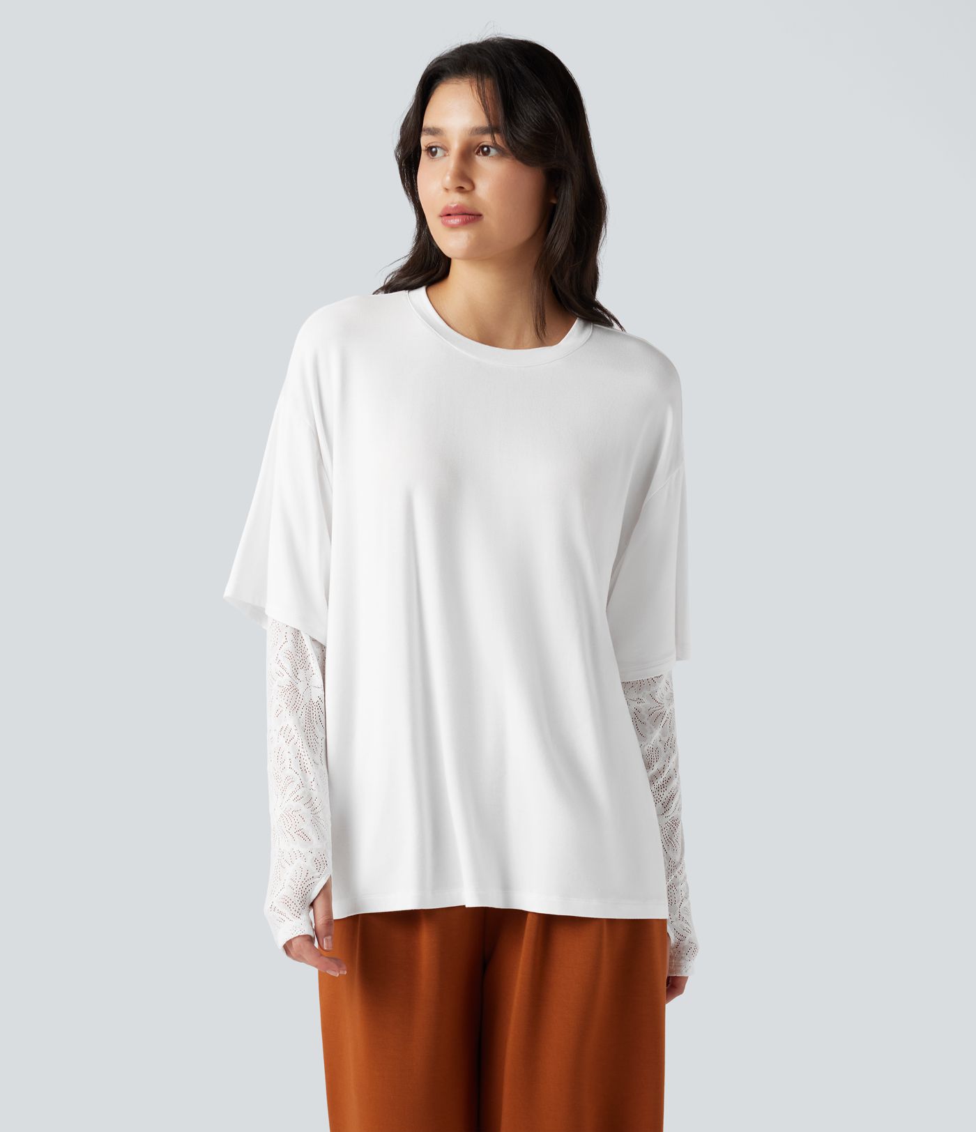 Round Neck Long Sleeve Thumb Holes Contrast Lace 2-in-1 Casual Top