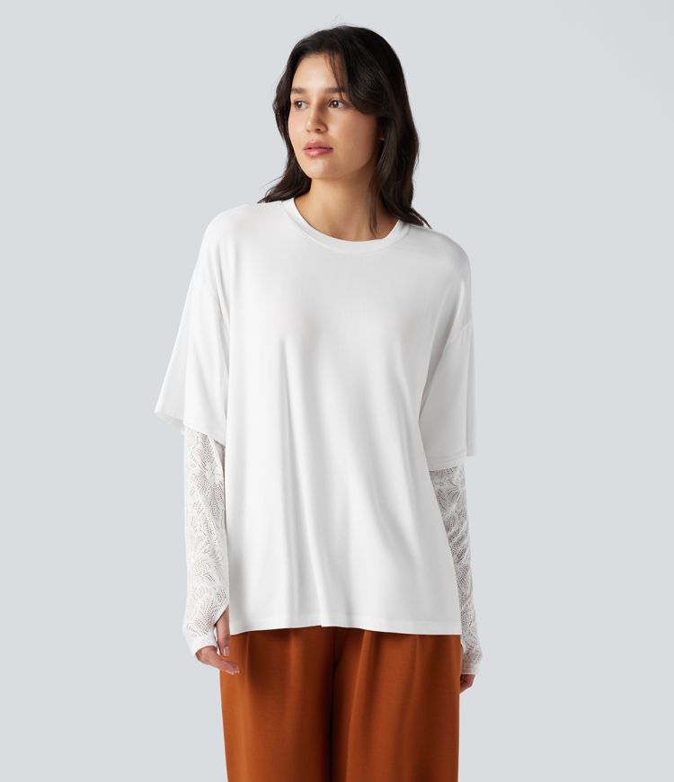 Round Neck Long Sleeve Thumb Holes Contrast Lace 2-in-1 Casual Top