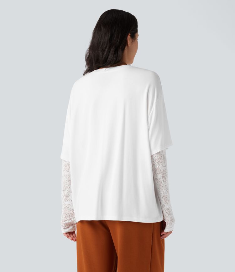 Round Neck Long Sleeve Thumb Holes Contrast Lace 2-in-1 Casual Top