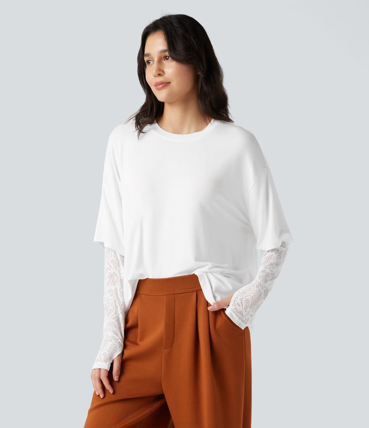 Round Neck Long Sleeve Thumb Holes Contrast Lace 2-in-1 Casual Top