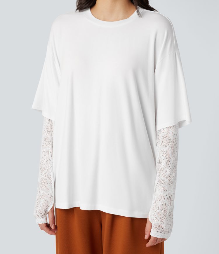 Round Neck Long Sleeve Thumb Holes Contrast Lace 2-in-1 Casual Top