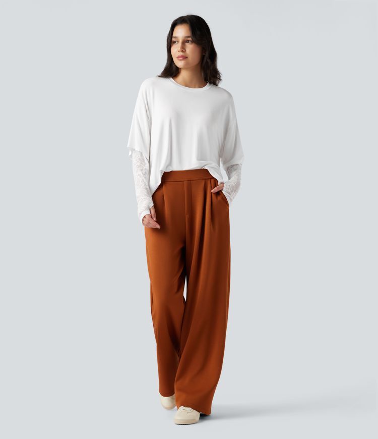 Round Neck Long Sleeve Thumb Holes Contrast Lace 2-in-1 Casual Top