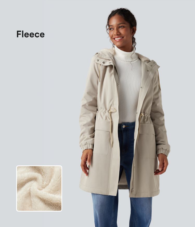 Hooded Long Sleeve Drawstring Longline Fleece Casual Parka Coat with Pockets