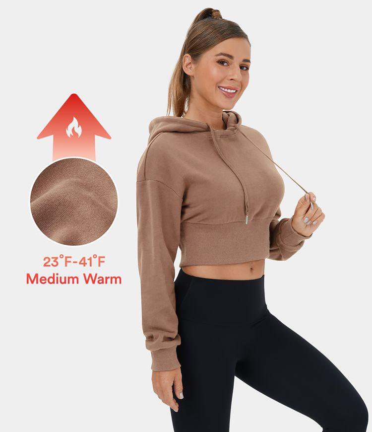 Removable Hood Drawstring Cropped Fleece Casual Hoodie Sports Sweatshirt