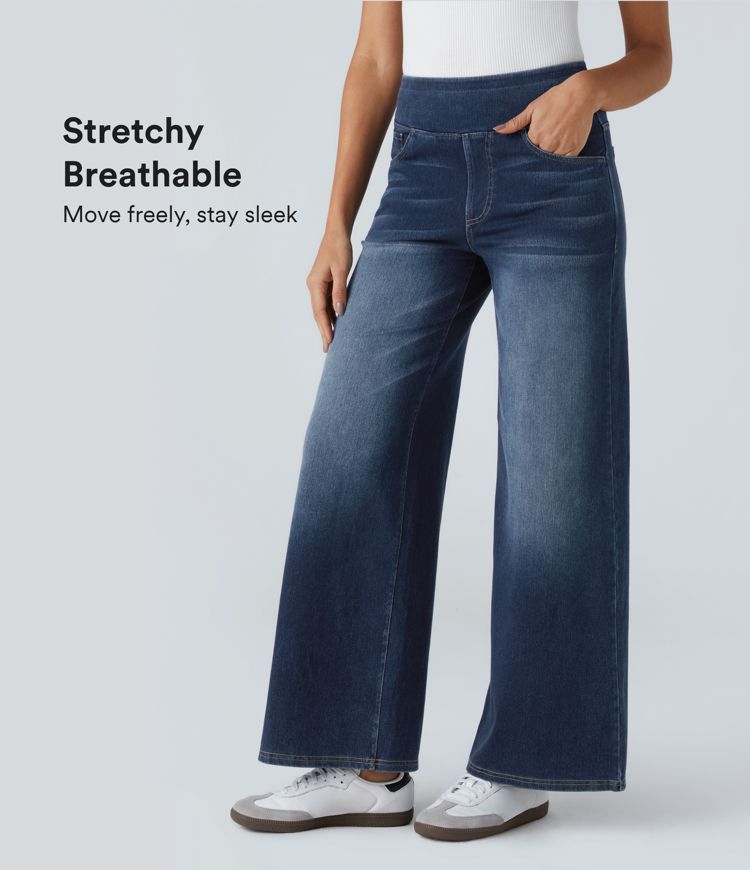 Halara Flex™ Baggy Jeans aus verwaschenem Stretch-Strick mit hohem Bund, mehreren Taschen und weitem Bein, Wide Leg Jeans